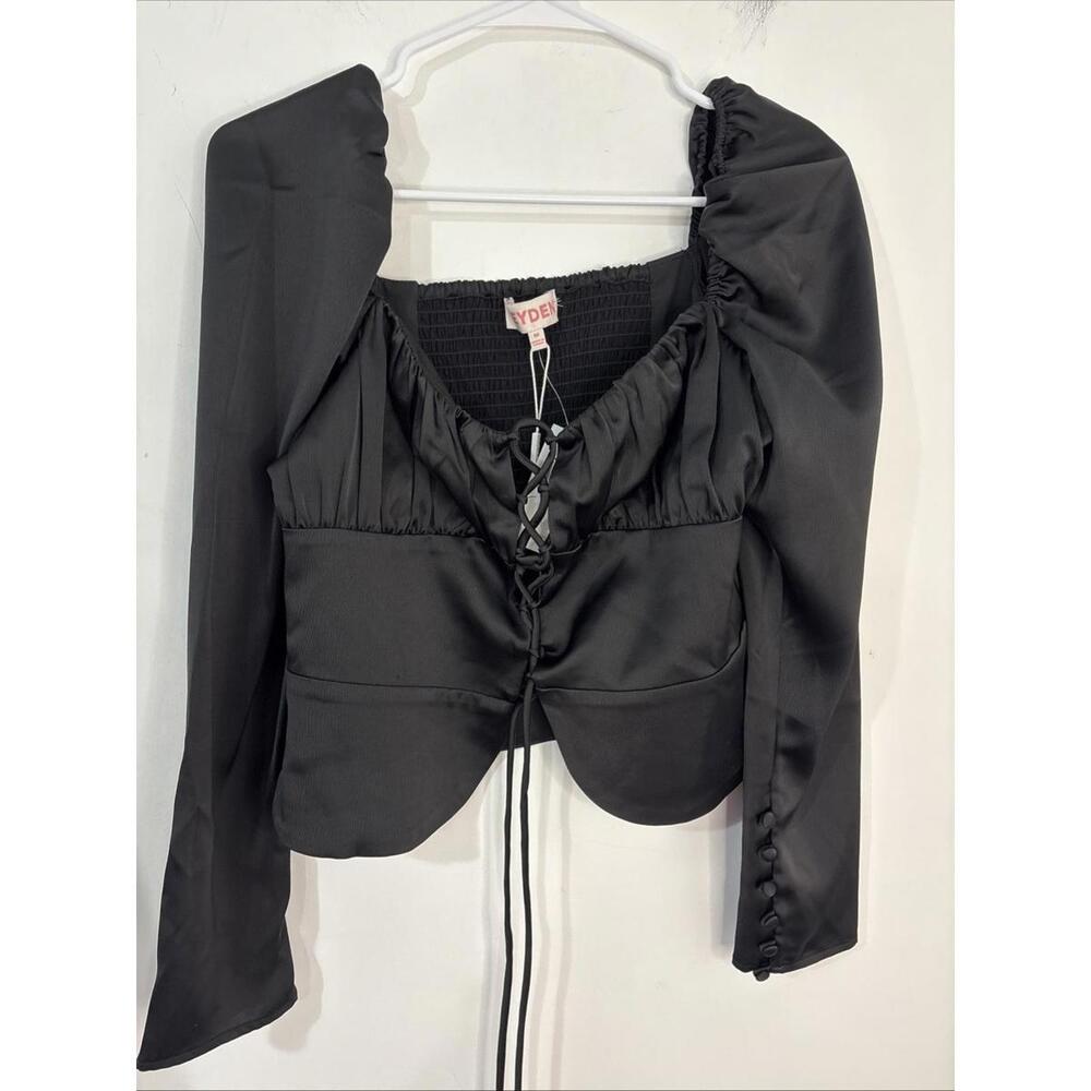 New Blk Laceup Corset LS Button Blouse Goth Witchcore Sexy Med Steampunk NWT